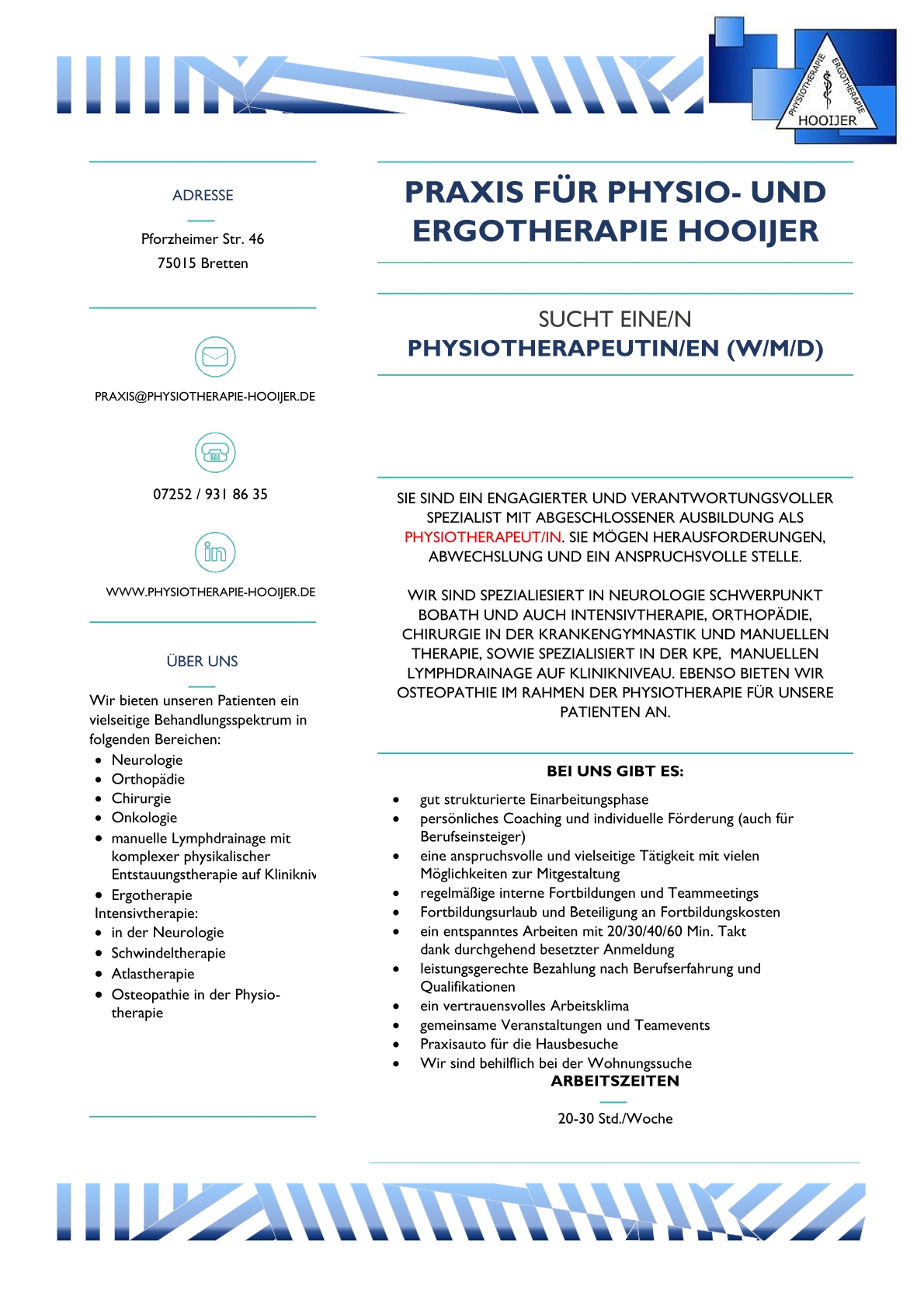 Stellenangebot Physiotherapie Hoojer (17.12.2019)